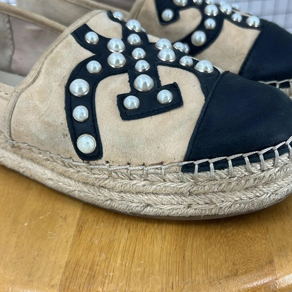 Sam Edelman Celton Leather Espadrille Pearl Beaded Logo Platform loafer shoe 8.5